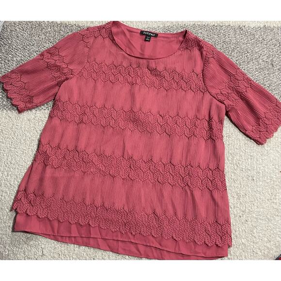 Roz & Ali Lace Overlay Blouse Women's Size Petite Large LP Short Sleeve Pink - Picture 1 of 8